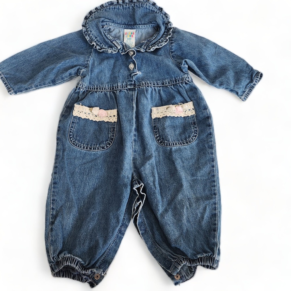 Vintage Baby Girl Denim Overall 6M Rose Lace Snap on Class Club 100% Cotton - Picture 1 of 8